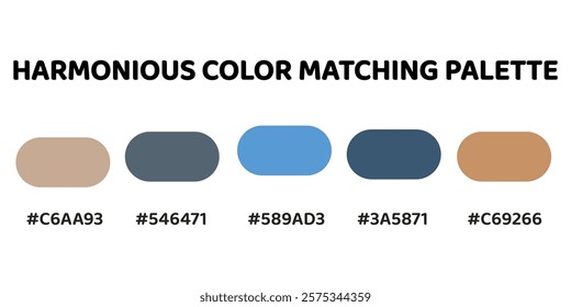 Harmonious color palette with five colors. This palette combines warm and cool tones, balanced and visually appealing aesthetic. Sand, Charcoal, Cerulean, Cobalt Blue, Tan. 91.