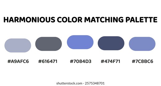 Harmonious color palette with five colors. This palette creates a cohesive and professional look, perfect for corporate branding. Light Steel Blue, Steel Blue, Cerulean, Cobalt Blue, Royal Blue. 92.