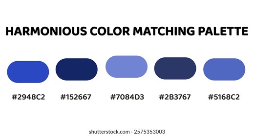 Harmonious color palette with five colors. This palette creates a cohesive and professional look, perfect for corporate branding. Royal Blue, Navy Blue, Cerulean, Cobalt Blue, Royal Blue. 93.