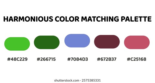 Harmonious color palette with five colors. This palette combines warm and cool tones, balanced and visually appealing aesthetic. Chartreuse, Dark Olive Green, Cerulean, Mahogany, Rose. 94.