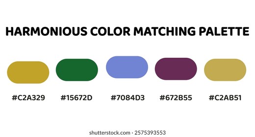 Harmonious color palette with five colors. This palette combines warm and cool tones, balanced and visually appealing aesthetic. Golden Yellow, Dark Olive Green, Cerulean, Mahogany, Golden Yellow. 95.