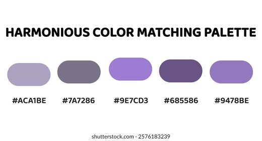 Harmonious color palette with five colors. This palette creates a cohesive and dynamic look, perfect for designs that require energy. Lavender, Amethyst, Electric Purple, Violet, Amethyst. 96.