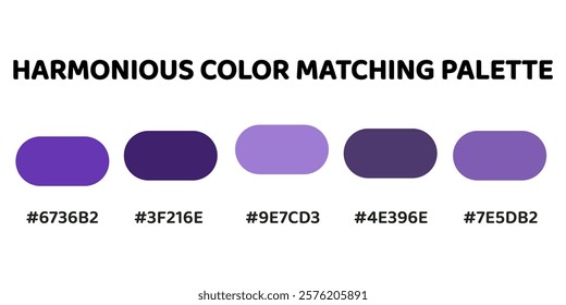 Harmonious color palette with five colors. This palette creates a cohesive and dynamic look, perfect for designs that require energy. Amethyst, Violet, Electric Purple, Violet, Amethyst. 97.