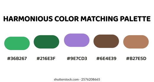 Harmonious color palette with five colors. This palette combines warm and cool tones, balanced and visually appealing aesthetic. Spring Green, Forest Green, Electric Purple, Mahogany, Tan. 98.