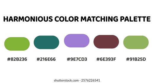 Harmonious color palette with five colors. Palette combines warm and cool tones, balanced and visually appealing aesthetic. Olive Green, Dark Olive Green, Electric Purple, Mahogany, Pale Green. 99.