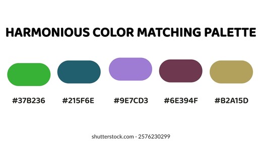 Harmonious color palette with five colors. Palette combines warm and cool tones, balanced and visually appealing aesthetic. Chartreuse, Dark Olive Green, Electric Purple, Mahogany, Tan. 100.