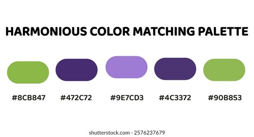 Harmonious color palette with five colors. Palette combines warm and cool tones, balanced and visually appealing aesthetic. Olive Green, Charcoal, Electric Purple, Indigo, Pale Green. 101.