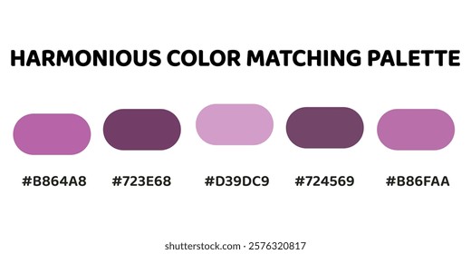 Harmonious color palette with five colors. Palette creates a cohesive and dynamic look, perfect for designs that require a sense of energy. Rose, Mahogany, Lavender, Maroon, Rose. 102.