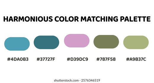 Harmonious color palette with five colors. This palette combines warm and cool tones, balanced and visually appealing aesthetic. Light Teal, Teal, Lavender, Dark Olive Green, Pale Green. 104.