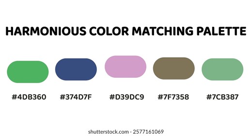 Harmonious color palette with five colors. This palette combines warm and cool tones, balanced and visually appealing aesthetic. Spring Green, Navy Blue, Lavender, Dark Olive Green, Sea Green. 105.