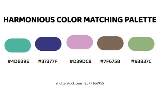 Harmonious color palette with five colors. This palette combines warm and cool tones, balanced and visually appealing aesthetic. Sea Green, Navy Blue, Lavender, Dark Olive Green, Pale Green. 106.