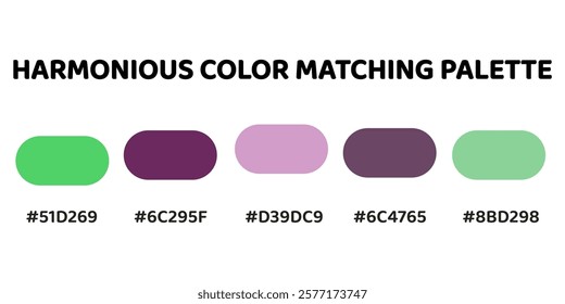 Harmonious color palette with five colors. This palette combines warm and cool tones, balanced and visually appealing aesthetic. Chartreuse, Mahogany, Lavender, Charcoal, Sea Green. 107.