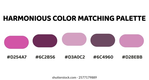 Harmonious color palette with five colors. This palette creates a cohesive and dynamic look, perfect for designs that require a sense of energy. Magenta, Mahogany, Lavender, Charcoal, Rose. 108.