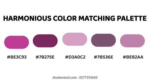 Harmonious color palette with five colors. This palette creates a cohesive and dynamic look, perfect for designs that require a sense of energy. Rose, Mahogany, Lavender, Charcoal, Rose. 109.