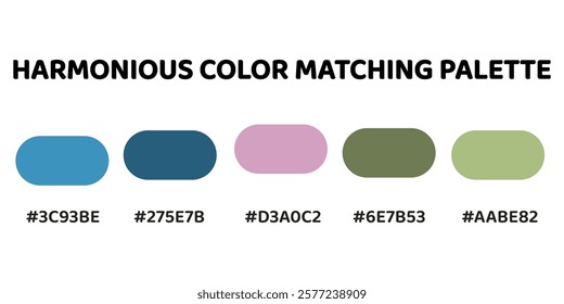 Harmonious color palette with five colors. This palette combines warm and cool tones, balanced and visually appealing aesthetic.  Cerulean, Teal, Lavender, Dark Olive Green, Pale Green. 110.