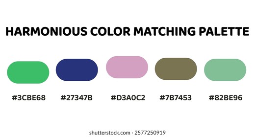 Harmonious color palette with five colors. This palette combines warm and cool tones, balanced and visually appealing aesthetic.  Spring Green, Navy Blue, Lavender, Dark Olive Green, Sea Green. 111.