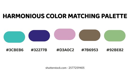 Harmonious color palette with five colors. This palette combines warm and cool tones, balanced and visually appealing aesthetic.  Turquoise, Navy Blue, Lavender, Dark Olive Green, Pale Green. 112.