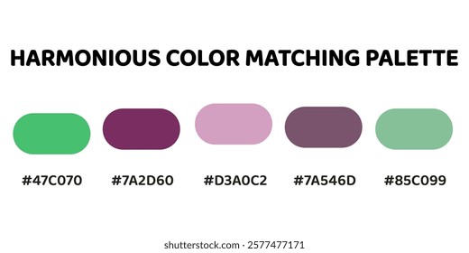 Harmonious color palette with five colors. This palette combines warm and cool tones, balanced and visually appealing aesthetic.  Spring Green, Mahogany, Lavender, Charcoal, Sea Green. 113.