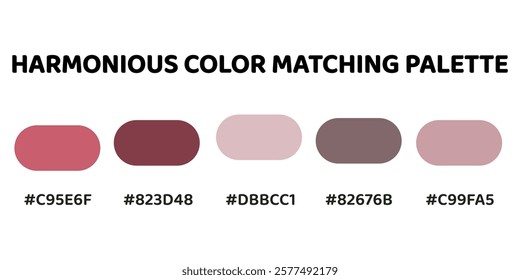 Harmonious color palette with five colors.  palette creates a cohesive and dynamic look, perfect for designs that require a sense of energy.  Rose, Mahogany, Lavender, Charcoal, Rose. 114.