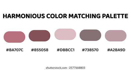 Harmonious color palette with five colors. palette creates a cohesive and dynamic look, perfect for designs that require a sense of energy.  Rose, Mahogany, Lavender, Charcoal, Rose. 115.