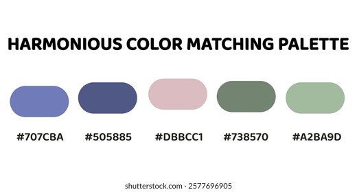 Harmonious color palette with five colors. Palette creates a cohesive and dynamic look. Light Steel Blue, Steel Blue, Lavender, Dark Olive Green, Pale Green. 116.