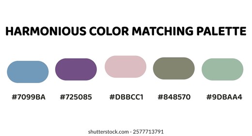 Harmonious color palette with five colors. Palette combines warm and cool tones, balanced and visually appealing aesthetic. Light Steel Blue, Indigo, Lavender, Dark Olive Green, Pale Green. 118.