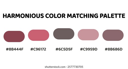 Harmonious color palette with five colors. This palette creates a cohesive and dynamic look, perfect for designs that require a sense of energy. Mahogany, Rose, Charcoal, Lavender, Taupe. 121.