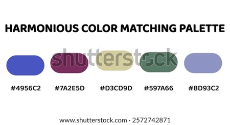Harmonious color palette with five colors. Palette combines warm and cool tones, creating a balanced and visually appealing aesthetic. Royal Blue, Deep Purple, Creamy Beige, Sage Green, Dusty Blue.