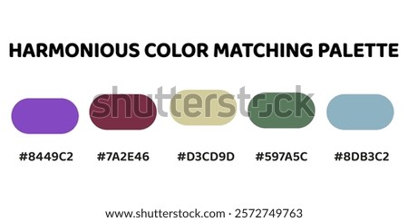 Harmonious color palette with five colors. Palette combines warm and cool tones, creating a balanced and visually appealing aesthetic. Royal Blue, Deep Purple, Creamy Beige, Sage Green, Dusty Blue.