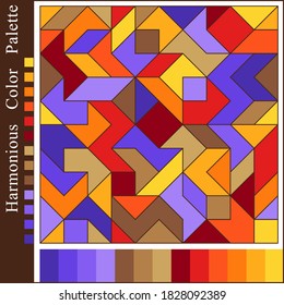 Harmonious Color Palette with Geometric Composition of Brown, Orange, Red, Violet, Yellow, Burgundy, Lilac  Tints. Contrast Unique Colour Scheme for Inspiration.