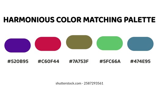 Harmonious color palette ideal for bold, nature-inspired designs. deep purple, vibrant red, olive green, fresh green, muted blue. 280.