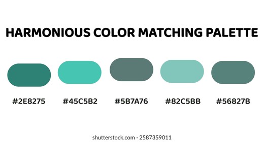 Harmonious color palette ideal for calming, nature-inspired designs. deep teal, vibrant aqua, soft gray-green, light aqua, muted green. 289.