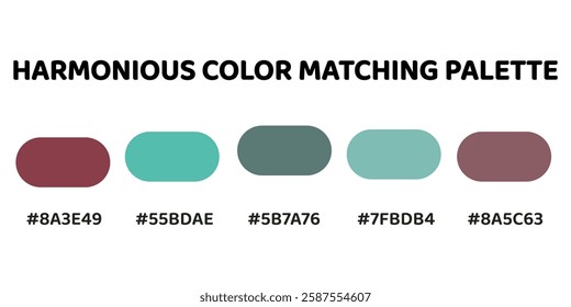 Harmonious color palette ideal for creating a serene and elegant design with a balanced mix of warm and cool tones. deep rose, soft aqua, muted teal, pale turquoise, dusty pink. 293.