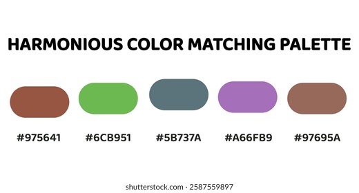 Harmonious color palette ideal for designs that blend natural warmth with cool, sophisticated tones. terracotta, fresh green, slate gray, soft lavender, muted brown. 297.