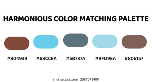 Harmonious color palette ideal for designs that balance warm, earthy tones with cool, refreshing accents. deep rust, bright cyan, slate gray, pale blue, muted brown. 299.