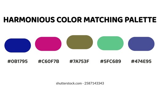 Harmonious color palette ideal for dynamic, nature-inspired designs. deep blue, vibrant pink, olive green, fresh green, muted blue. 279.