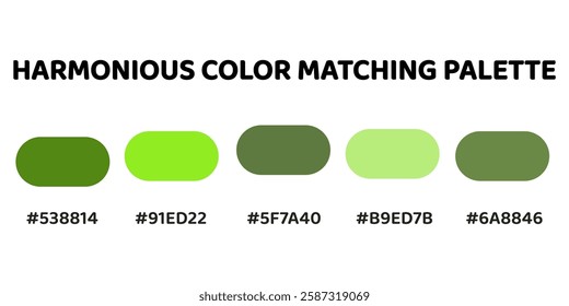 Harmonious color palette ideal for vibrant, nature-inspired designs. deep green, vibrant lime, muted olive, soft mint, earthy green. 283.