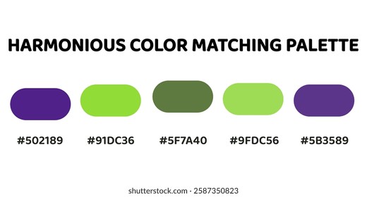 Harmonious color palette ideal for vibrant, nature-inspired designs. deep purple, vibrant lime, muted olive, soft green, muted purple. 287.