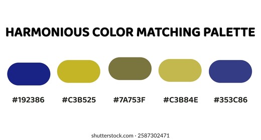 Harmonious color palette ideal for warm, balanced designs. deep blue, warm orange, olive green, soft yellow, muted blue. 281.