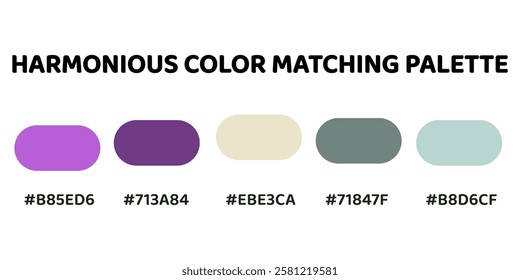 Harmonious color palette. lavender, violet, cream, sea green, light steel blue. This palette combines warm and cool tones, creating a balanced and visually appealing aesthetic. 146.