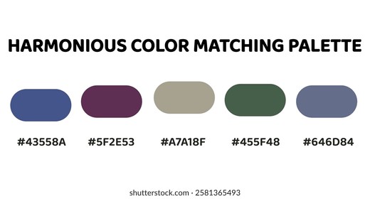 Harmonious color palette. navy blue, violet, taupe, sea green, steel blue. This palette combines warm and cool tones, creating a balanced and visually appealing aesthetic. 153.