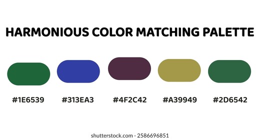 Harmonious color palette offering a balanced mix of natural and rich tones. Ideal for designs that seek a sophisticated. deep green, navy blue, muted mauve, golden olive, forest green. 261.