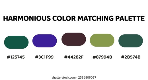 Harmonious color palette offering a blend of rich and natural tones. Ideal for designs that aim for a sophisticated aesthetic. teal, deep purple, muted maroon, olive green, dark teal. 267.