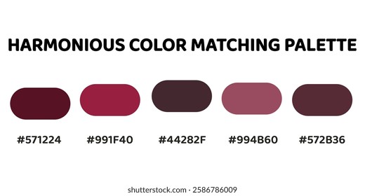 Harmonious color palette offering a rich and elegant aesthetic. Ideal for designs that aim for a luxurious and refined look. deep crimson, vibrant red, muted maroon, soft rose, dark burgundy. 265.