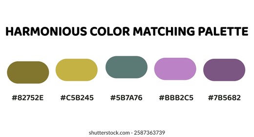 Harmonious color palette perfect for balanced, nature-inspired designs. deep teal, muted gold, vibrant yellow, soft gray-blue, light lavender, muted purple. 290.