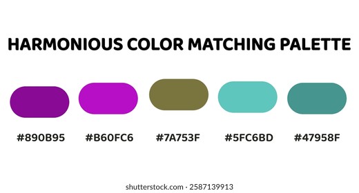 Harmonious color palette perfect for bold, nature-inspired designs. deep purple, vibrant violet, olive green, soft teal, muted aqua.  278.