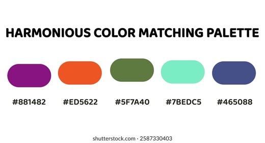 Harmonious color palette perfect for bold, nature-inspired designs. deep magenta, vibrant orange, muted olive, soft mint, muted blue. 286.