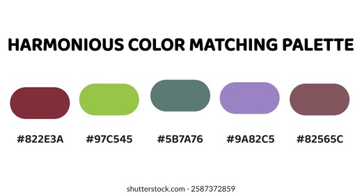 Harmonious color palette perfect for designs that aim to balance bold and subtle tones with a modern, elegant touch. deep red, lime green, muted teal, lavender, dusty rose. 291.