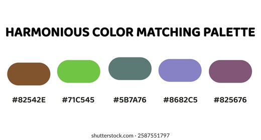 Harmonious color palette perfect for designs that aim to blend natural warmth with subtle, sophisticated tones. warm brown, vibrant green, muted teal, soft lavender, deep plum. 292.