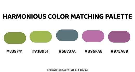 Harmonious color palette perfect for designs that combine earthy tones with a touch of vibrant elegance. olive green, soft lime, slate gray, muted pink, deep plum. 296.